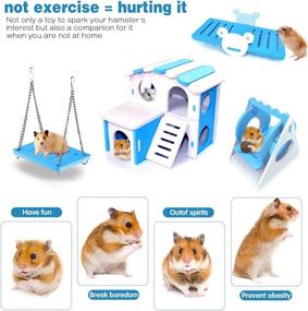 img 2 attached to 🐹 Blue 4-Piece Hamster Toy Set: DIY Wooden Hideout, Swing, Seesaw, and Exercise Toys for Dwarf Hamsters, Gerbils, Sugar Gliders, and Syrian Hamsters - Small Animal Cage Accessories