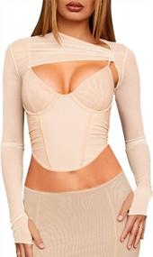 img 4 attached to Meladyan Women Sexy Long Sleeve Mesh Crop Top Solid Cover Up Spaghetti Strap Slim Fit Corset Cami 2 Pieces Clubwear