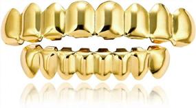 img 4 attached to 14K Gold Plated Brass Tooth Set - LKV Gold Grills For Men And Women - Shiny Hip Hop Grillz Teeth With Extra Molding Bars