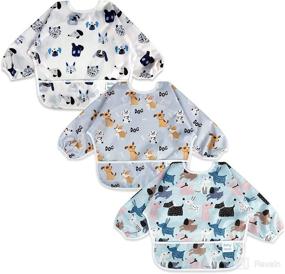 img 4 attached to Bundle Pack of 3 Waterproof Long Sleeved Bibs with Pocket for Babies and Toddlers