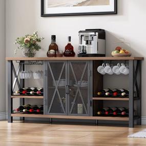 img 4 attached to Rustic Brown Wine Bar Cabinet With Detachable Glass And Wine Rack, Buffet Sideboard And Mesh Door Liquor Cabinet. Ideal For Living Room, Kitchen And Dining Room