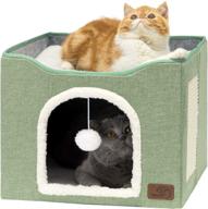 🐱 bedsure indoor cat beds - large cat house for pet cat cave with cat scratch pad and fluffy ball hanging, foldable cat hideaway, 16.5x16.5x14 inches logo