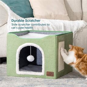 img 3 attached to 🐱 Bedsure Indoor Cat Beds - Large Cat House for Pet Cat Cave with Cat Scratch Pad and Fluffy Ball Hanging, Foldable Cat Hideaway, 16.5x16.5x14 inches