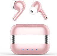 noise cancelling wireless earbuds with enc mic, bluetooth stereo bass waterproof headphones for iphone samsung android - pink logo