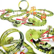 dinosaur race car track toys, 320 шт. создайте мировую гонку динозавров 2 автомобиля, гибкие дорожки с 360-градусной петлей и игровым набором с поворотным столом, 2 звучащие головы динозавра, подарок для детей в возрасте 3, 4, 5, 6 лет, мальчики, девочки логотип