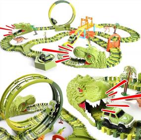 img 4 attached to Dinosaur Race Car Track Toys, 320 Pcs Create Dinosaur World Race 2 Cars, Flexible Tracks With 360 Loop And Turntable Playset, 2 Sounding Dinosaur Head, Gift For Kids Ages 3 4 5 6 Year Old Boys Girls