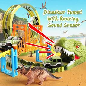 img 3 attached to Dinosaur Race Car Track Toys, 320 Pcs Create Dinosaur World Race 2 Cars, Flexible Tracks With 360 Loop And Turntable Playset, 2 Sounding Dinosaur Head, Gift For Kids Ages 3 4 5 6 Year Old Boys Girls