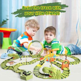 img 1 attached to Dinosaur Race Car Track Toys, 320 Pcs Create Dinosaur World Race 2 Cars, Flexible Tracks With 360 Loop And Turntable Playset, 2 Sounding Dinosaur Head, Gift For Kids Ages 3 4 5 6 Year Old Boys Girls