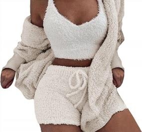 img 3 attached to Vakkest Women'S Sexy 3 Piece Pajamas Outfit Fuzzy Fleece Warm Sherpa Coat Jacket Outwear Spaghetti Strap Crop Top Shorts Set