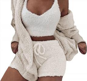 img 4 attached to Vakkest Women'S Sexy 3 Piece Pajamas Outfit Fuzzy Fleece Warm Sherpa Coat Jacket Outwear Spaghetti Strap Crop Top Shorts Set