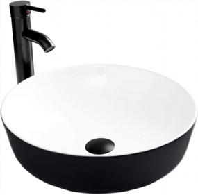img 4 attached to Черно-белая керамическая раковина для ванной комнаты, фарфоровая раковина над прилавком с черным смесителем и выдвижным сливом, круглая