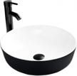 black and white ceramic bathroom sink, above counter porcelain vessel sink with black faucet and pop up drain combo, round logo