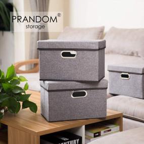 img 3 attached to Set Of 3 PRANDOM Foldable Linen Fabric Storage Boxes With Lids - Collapsible Bins For Home, Office, Closet, Nursery - Organizer Containers With Covers (14.9X9.8X9.8 Inches)