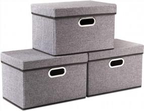 img 4 attached to Set Of 3 PRANDOM Foldable Linen Fabric Storage Boxes With Lids - Collapsible Bins For Home, Office, Closet, Nursery - Organizer Containers With Covers (14.9X9.8X9.8 Inches)
