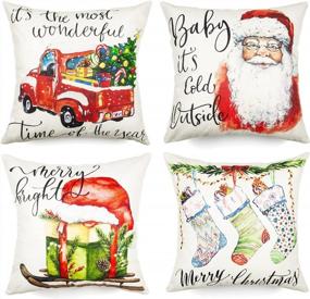 img 4 attached to Set Of 4 Joyhalo Christmas Pillow Covers - Farmhouse Cushion Cases For Sofa And Couch, 18 X 18 Inches In Cotton Linen Material