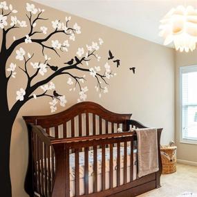 img 2 attached to Decorate Your Nursery with a Large Corner Tree Wall Decal 🌸 featuring Big Blossoms, Birds, and Leaves Mural 087 (Leaning Right, Black, White)