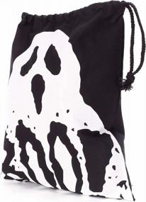 img 2 attached to Halloween Candy Bag Ghost Print - Durable And Washable Canvas Tote With Drawstring For Trick Or Treating