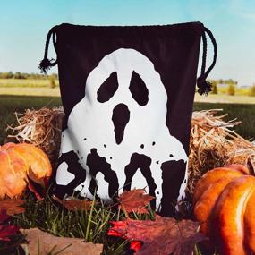 img 3 attached to Halloween Candy Bag Ghost Print - Durable And Washable Canvas Tote With Drawstring For Trick Or Treating