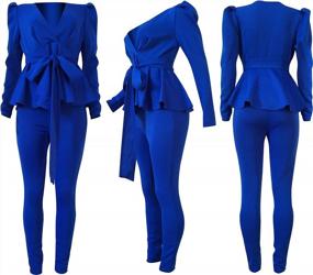 img 2 attached to Women'S Two Piece Outfits V Neck Long Sleeve Bow Tie Front Wrap Peplum Blouse Top And Bocycon Long Pants Suits Set