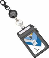 vertical pu leather badge holder with retractable reel and side zipper pocket - easy swipe id card holder for men and women, black - from wisdompro logo
