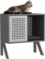 современный серый кошачий дом с прикроватным столиком и подушкой - мебель для домашних животных homefort для кошек в помещении. логотип