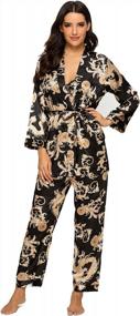 img 4 attached to Floral Silk Satin Pajama Set For Women: 3-Piece Sleepwear With Robe And Pant