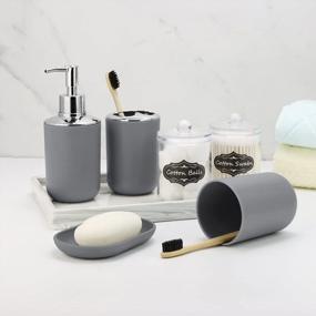 img 1 attached to Grey 8-Piece Bathroom Accessory Set With Trash Can, Soap Dispenser & Labels
