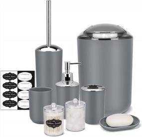 img 4 attached to Grey 8-Piece Bathroom Accessory Set With Trash Can, Soap Dispenser & Labels