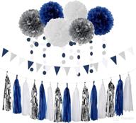 🎉 navy blue white silver party decoration kit - 23pcs: paper flowers, banner flags, tassel garland | perfect for birthday, bachelorette, baby shower, and graduation 2021, gender reveal | lasting surprise логотип