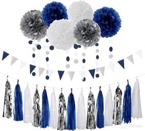 img 4 attached to 🎉 Navy Blue White Silver Party Decoration Kit - 23pcs: Paper Flowers, Banner Flags, Tassel Garland | Perfect for Birthday, Bachelorette, Baby Shower, and Graduation 2021, Gender Reveal | Lasting Surprise