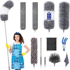 img 4 attached to 🧹 11PCS Microfiber Duster Kit with Extendable Pole (30 to 100 inches), Washable Dusters for Cleaning, Bendable Microfiber Feather Duster | Ideal for High Ceiling, Furniture, and Ceiling Fans