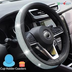 img 2 attached to Andalus Diamond Microfiber Leather Car Steering Wheel Cover - Includes 2Pcs Bling Cup Holder Coasters Gift - Universal 15 Inch - Crystal Rhinestone - Bling Car Accessories (Black With Blue Diamonds)