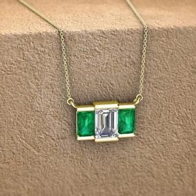 img 3 attached to GIA Certified Natural Diamond & Emerald 1.5Ctw Three Stone Pendant Necklace 14K Gold Women