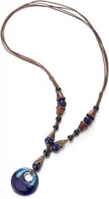 img 4 attached to Boho Ethic Long Necklace With Wood Beads, Blue Gem Stones And Oval Charm