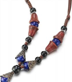 img 3 attached to Boho Ethic Long Necklace With Wood Beads, Blue Gem Stones And Oval Charm