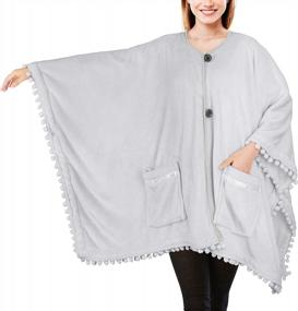 img 4 attached to PAVILIA Fleece Poncho Blanket For Women Cozy Wearable Blanket Gift, Warm TV Shawl Sweater Cape With Pom Pom Fringe And Pockets, Gifts For Women (Light Gray)