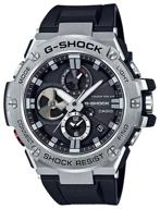 casio g-shock gst-b100-1a quartz watch, alarm clock, chronograph, stopwatch, countdown timer, waterproof, shockproof, power reserve indicator, hand illumination, display illumination, silver логотип