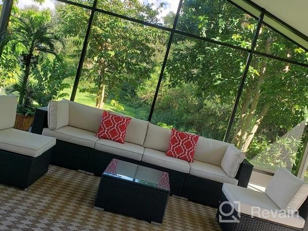 img 1 attached to Outdoor Indoor Sectional Sofa Set: 7-Piece Patio Furniture Rattan Wicker In Gray Brown With Seat Cushions, Glass Top Coffee Table And 2 Pillows By Furnimy review by Elizabeth Thornton