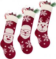 3-pack 18in knitted christmas stockings w/ snowflakes, santa claus & reindeer - heavy yarn xmas decor holiday decoration [burgundy & cream] logo