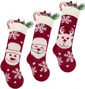 img 4 attached to 3-Pack 18In Knitted Christmas Stockings W/ Snowflakes, Santa Claus & Reindeer - Heavy Yarn Xmas Decor Holiday Decoration [Burgundy & Cream]