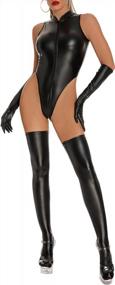 img 4 attached to Women'S Sexy Metallic Leather Bodysuit Latex Teddy Suit With Thigh High Stockings Garter Lingerie Set