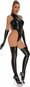 img 2 attached to Women'S Sexy Metallic Leather Bodysuit Latex Teddy Suit With Thigh High Stockings Garter Lingerie Set