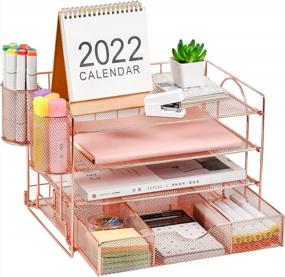 img 4 attached to Rose Gold Desk Organizers With 4 Trays, Pen Holder, And Paper Drawer - Mesh Desktop File And Accessories Organizer For Home Office Organization By Marbrasse