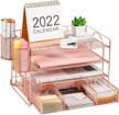 rose gold desk organizers with 4 trays, pen holder, and paper drawer - mesh desktop file and accessories organizer for home office organization by marbrasse logo