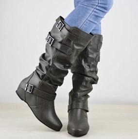 img 2 attached to Women'S Slouchy Flat Knee High Boots Wide Calf Pull On Fall Winter Motorcycle Booties
