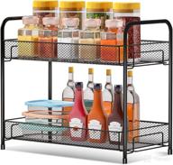 📦 foldable 2-tier metal spice rack organizer - rust-proof standing seasoning storage shelf with guardrail and mesh design for countertop, kitchen cabinet, bathroom, makeup, living room, pantry, office - black logo