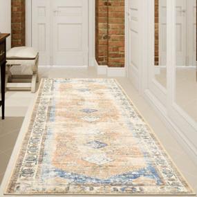 img 4 attached to Softwoven Rugs, Runner Machine Washable Rug, 90% Cotton, Non-Slip, Family & Pet Friendly, Stain Resistant, Non-Shed, Traditional Vintage Area Rug For Living Room, Hallway - Blueand Lt. Brown
