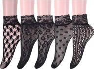 fishnet elegance: 5 pairs of women's lace anklets by sockfun in bold black logo