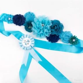 img 2 attached to 💙 Stylish Baby Shower Maternity Sash Belly Belt and Dad-to-Be Button Pin: Pregnancy Maternity Flower Belt for Gender Reveal (Blue Baby Boy)