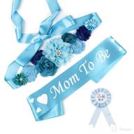 💙 stylish baby shower maternity sash belly belt and dad-to-be button pin: pregnancy maternity flower belt for gender reveal (blue baby boy) logo